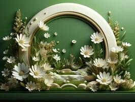 3D Render Floral Wreath, 3D Illustration. Floral wreath with flowers and leaves.Beautiful background with copy space. AI Generative photo