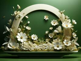 3D Render Floral Wreath, 3D Illustration. Floral wreath with flowers and leaves.Beautiful background with copy space. AI Generative photo