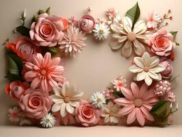 3D Render Floral Wreath, 3D Illustration. Floral wreath with flowers and leaves.Beautiful background with copy space. AI Generative photo