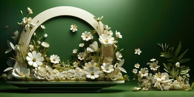 3D Render Floral Wreath, 3D Illustration. Floral wreath with flowers and leaves.Beautiful background with copy space. AI Generative photo