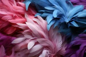 Multicolored feathers background. Close-up of colorful feathers. AI Generative photo