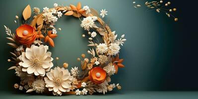 3D Render Floral Wreath, 3D Illustration. Floral wreath with flowers and leaves.Beautiful background with copy space. AI Generative photo