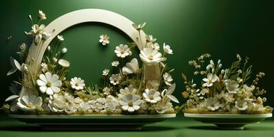 3D Render Floral Wreath, 3D Illustration. Floral wreath with flowers and leaves.Beautiful background with copy space. AI Generative photo