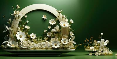 3D Render Floral Wreath, 3D Illustration. Floral wreath with flowers and leaves.Beautiful background with copy space. AI Generative photo