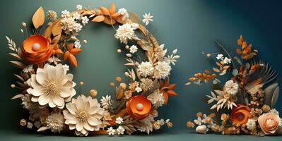 3D Render Floral Wreath, 3D Illustration. Floral wreath with flowers and leaves.Beautiful background with copy space. AI Generative photo