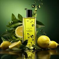 Lemon oil in a bottle with fresh lemons on a dark background. Lemon cologne concept. AI Generative photo