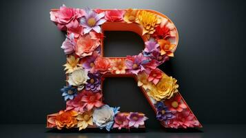 alfabeto letra r decorado con flores y hojas. 3d representación. ai generativo foto