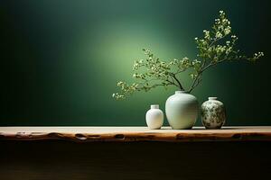 ceramic vase and vase on wooden table with green background. Copy space. AI Generative photo