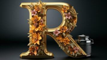 lphabet letter R decorated with flowers and leaves. 3d rendering. AI Generative photo