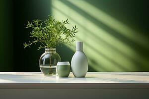 ceramic vase and vase on wooden table with green background. Copy space. AI Generative photo