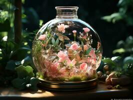 Transparent glass ball with plants inside, 3d illustration, horizontal. Beautiful glass florarium with flowers and plants on dark background. AI Generative photo