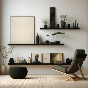 modern living room with bookshelf and chair, 3d render illustration mock up. AI Generative photo