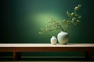 ceramic vase and vase on wooden table with green background. Copy space. AI Generative photo