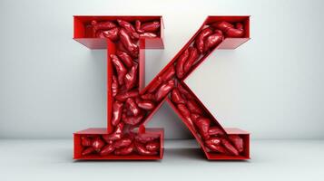 Letter K made from red beans on a white background. 3d rendering. AI Generative photo