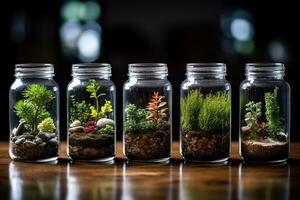 Small garden in glass jars on a wooden table in the dark. AI Generative photo