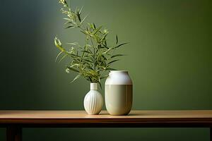 ceramic vase and vase on wooden table with green background. Copy space. AI Generative photo