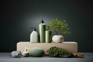 ceramic vase and vase on wooden table with green background. Copy space. AI Generative photo