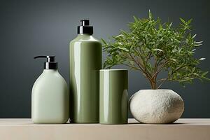 ceramic vase and vase on wooden table with green background. Copy space. AI Generative photo