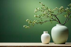 ceramic vase and vase on wooden table with green background. Copy space. AI Generative photo