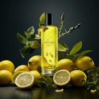 Lemon oil in a bottle with fresh lemons on a dark background. Lemon cologne concept. AI Generative photo