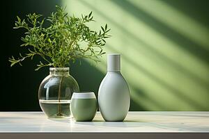 ceramic vase and vase on wooden table with green background. Copy space. AI Generative photo