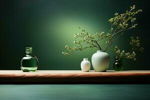 ceramic vase and vase on wooden table with green background. Copy space. AI Generative photo