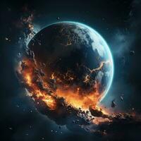 Planet Earth in space and explosions on it. Great fires around the world as a result of meteor strike. Elements of this image provided by NASA AI Generative photo