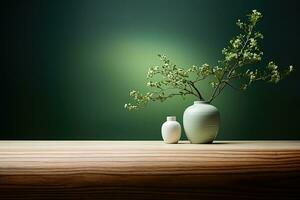 ceramic vase and vase on wooden table with green background. Copy space. AI Generative photo