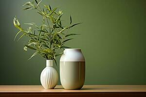 ceramic vase and vase on wooden table with green background. Copy space. AI Generative photo