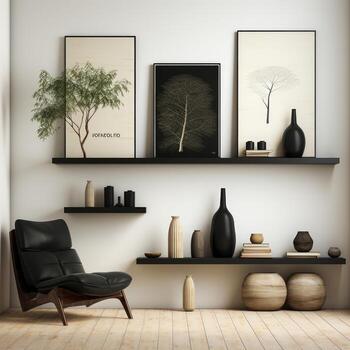 modern living room with bookshelf and chair, 3d render illustration mock up. AI Generative photo