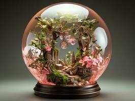 Transparent glass ball with plants inside, 3d illustration, horizontal. Beautiful glass florarium with flowers and plants on dark background. AI Generative photo
