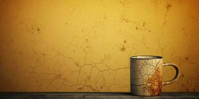 Cracked Coffee cup on wooden table and grunge yellow wall background. AI Generative photo