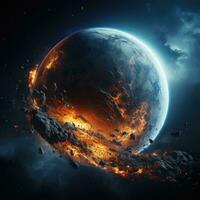 Planet Earth in space and explosions on it. Great fires around the world as a result of meteor strike. Elements of this image provided by NASA AI Generative photo