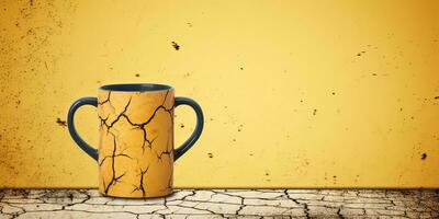 Cracked Coffee cup on wooden table and grunge yellow wall background. AI Generative photo