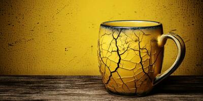 Cracked Coffee cup on wooden table and grunge yellow wall background. AI Generative photo