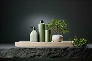 ceramic vase and vase on wooden table with green background. Copy space. AI Generative photo