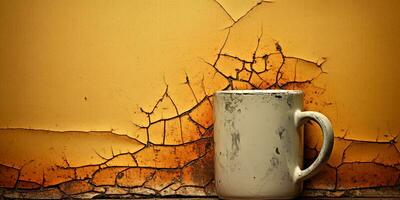 Cracked Coffee cup on wooden table and grunge yellow wall background. AI Generative photo