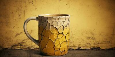 Cracked Coffee cup on wooden table and grunge yellow wall background. AI Generative photo