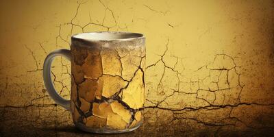 Cracked Coffee cup on wooden table and grunge yellow wall background. AI Generative photo