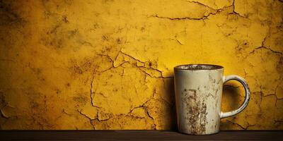 cracked Coffee cup on wooden table and grunge yellow wall background. AI Generative photo