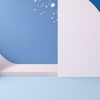 Minimalist scene with blue podium and star. 3d render. Primitive geometrical figures, pastel colors, AI Generative photo