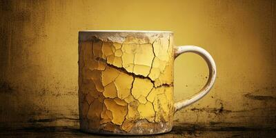 Cracked Coffee cup on wooden table and grunge yellow wall background. AI Generative photo