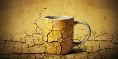 Cracked Coffee cup on wooden table and grunge yellow wall background. AI Generative photo