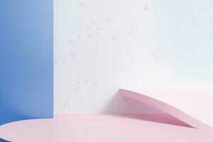 Minimalist scene with blue podium and star. 3d render. Primitive geometrical figures, pastel colors, AI Generative photo