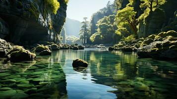 Beautiful fantasy landscape with river and rocks. 3d rendering. AI Generative photo