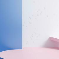 Minimalist scene with blue podium and star. 3d render. Primitive geometrical figures, pastel colors, AI Generative photo