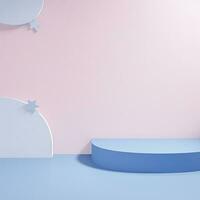 Minimalist scene with blue podium and star. 3d render. Primitive geometrical figures, pastel colors, AI Generative photo