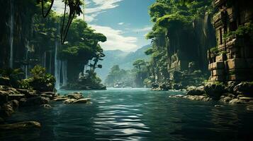 Beautiful fantasy landscape with river and rocks. 3d rendering. AI Generative photo