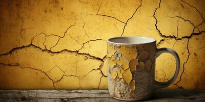Cracked Coffee cup on wooden table and grunge yellow wall background. AI Generative photo