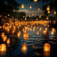 Candles on the river. Thousands of candles floating in the river. Loy Krathong festival in Chiang Mai, Thailand. AI Generative photo